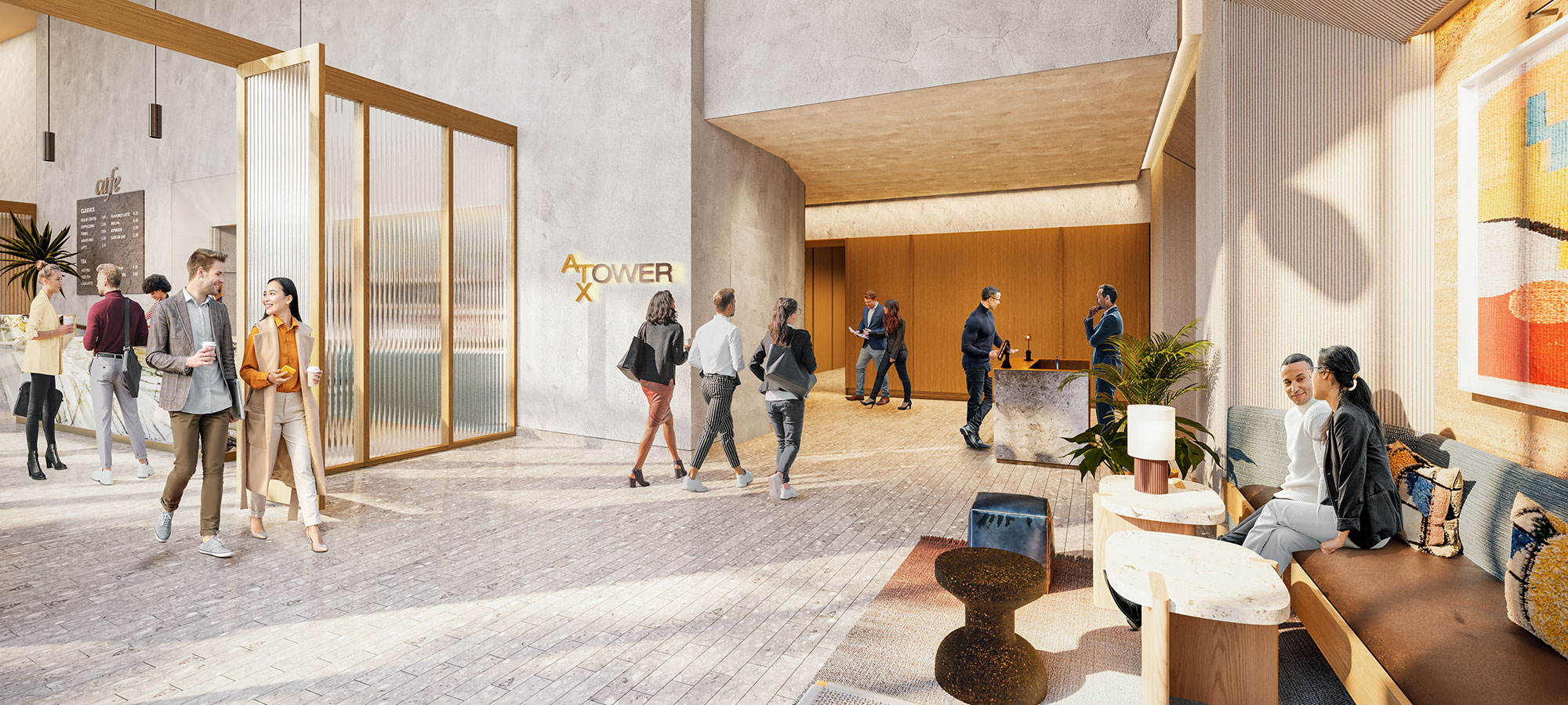 People walking around ATX Tower lobby