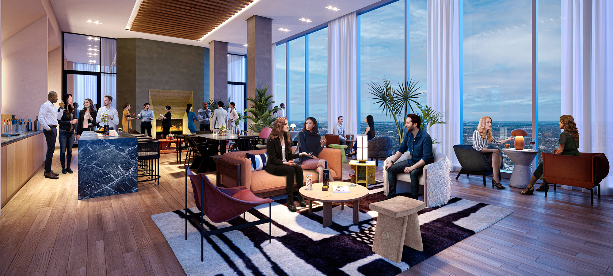 Tenants and guests enjoy indoor bar and lounge space