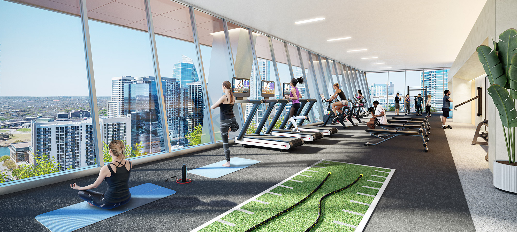 Tenants use indoor gym with city views